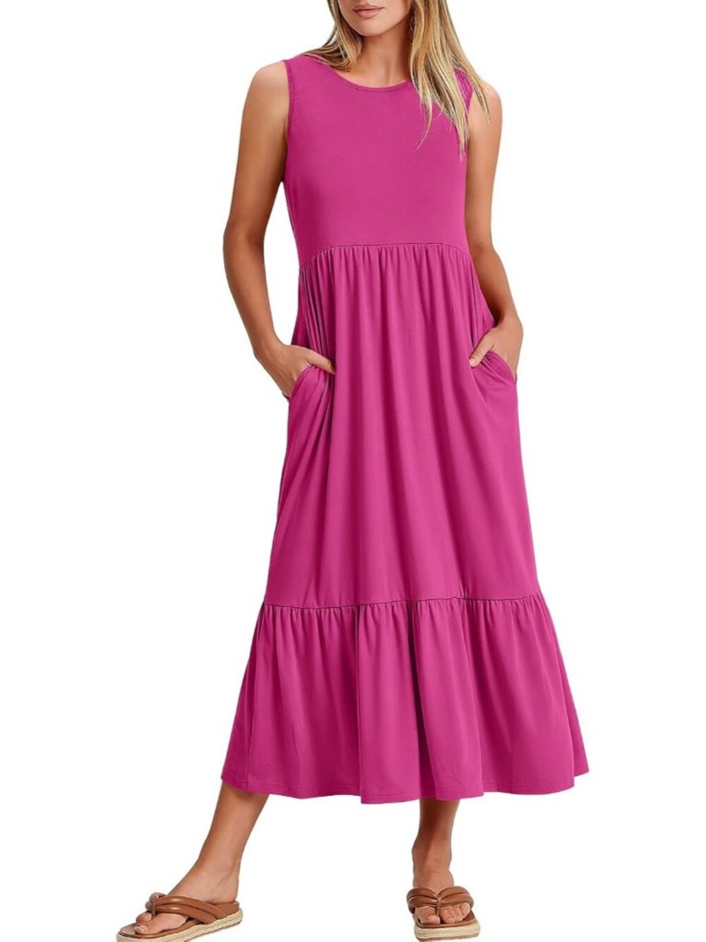 Women Hot Pink Crewneck Summer Sleeveless Sundress Aline Flowy Tiered Long Maxi